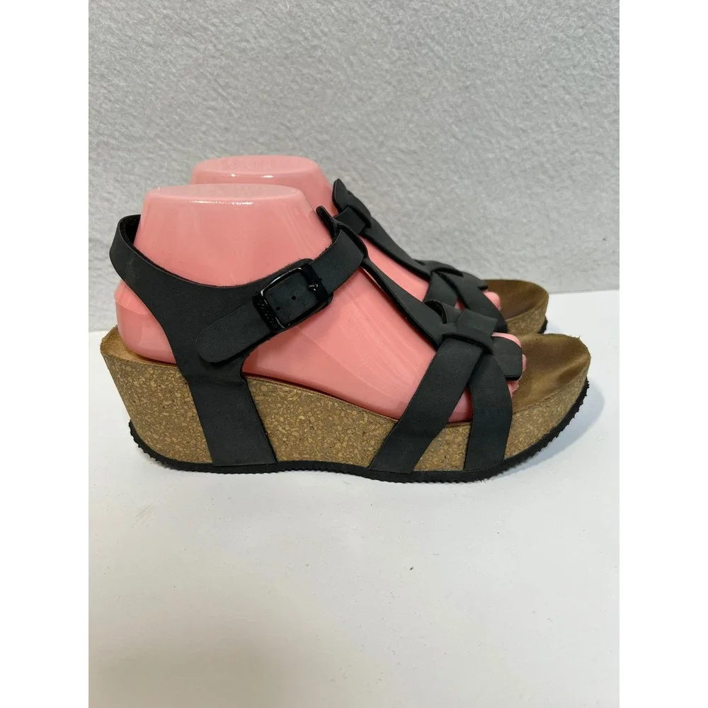 Goldstar Black Cork Wedge Platform Sandals Womens 41 US 10.5 Buckle Ankle Strap‎